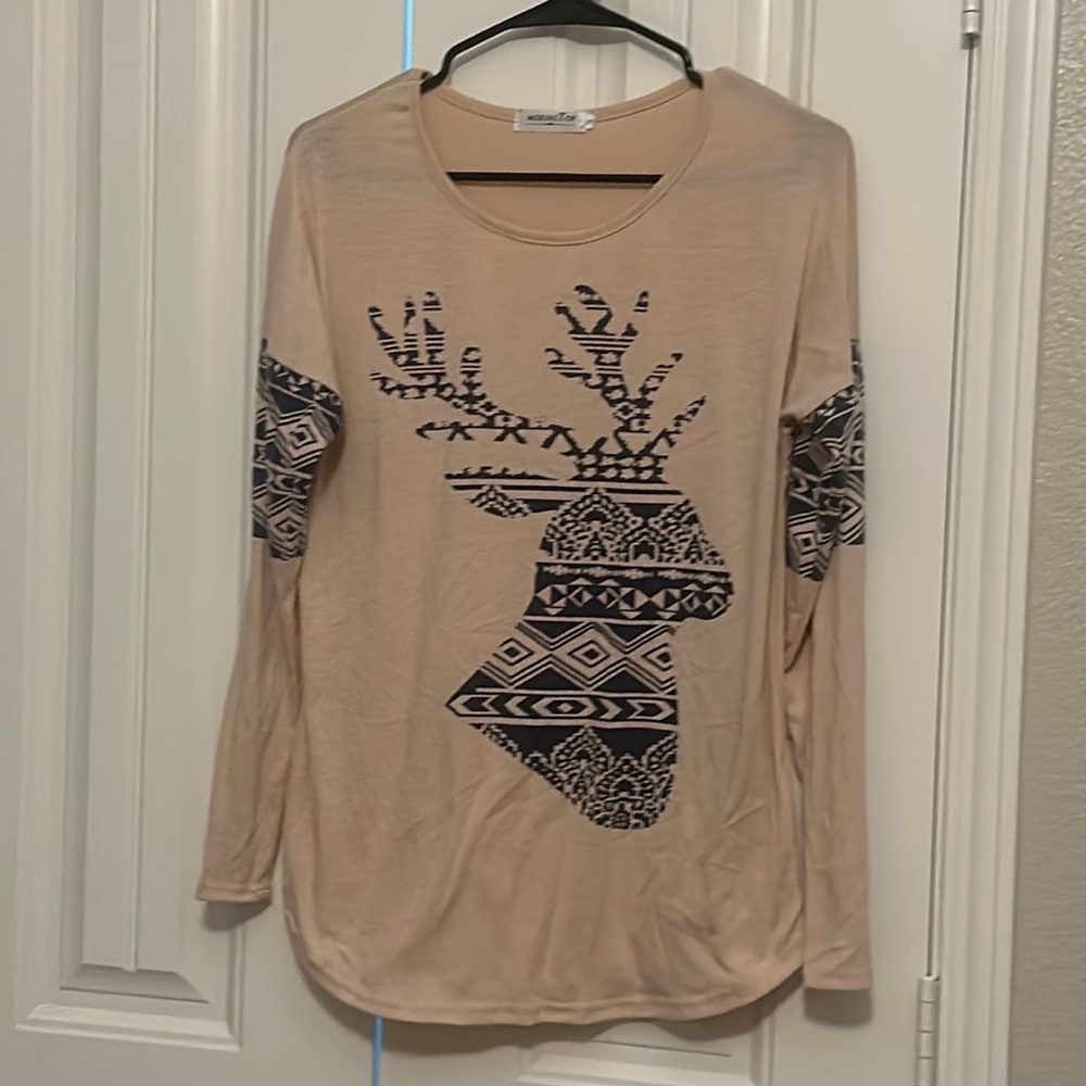 Mokingtop womens L/S small top w/Aztec navy deer head/ holiday Christmas shirt